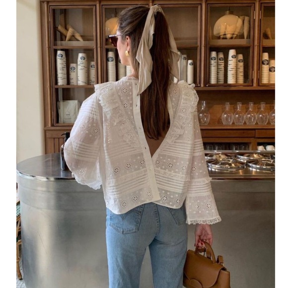 SEZANE White Floral Eyelet Embroidered Pleated Lace Ruffle Bell Sleeve Nele Top - Picture 3 of 17